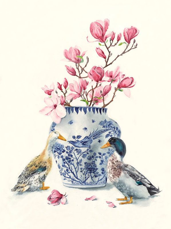 ducks, ginger jar, magnolia, artwork