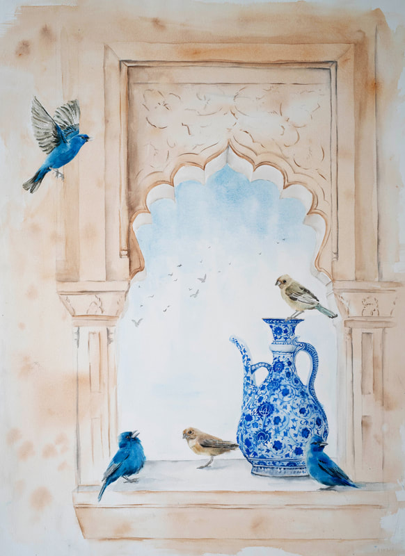 watercolour, watercolour, krsmith_artist, still_life, iznik_pottery, indigo_bunting, mughal_architecture