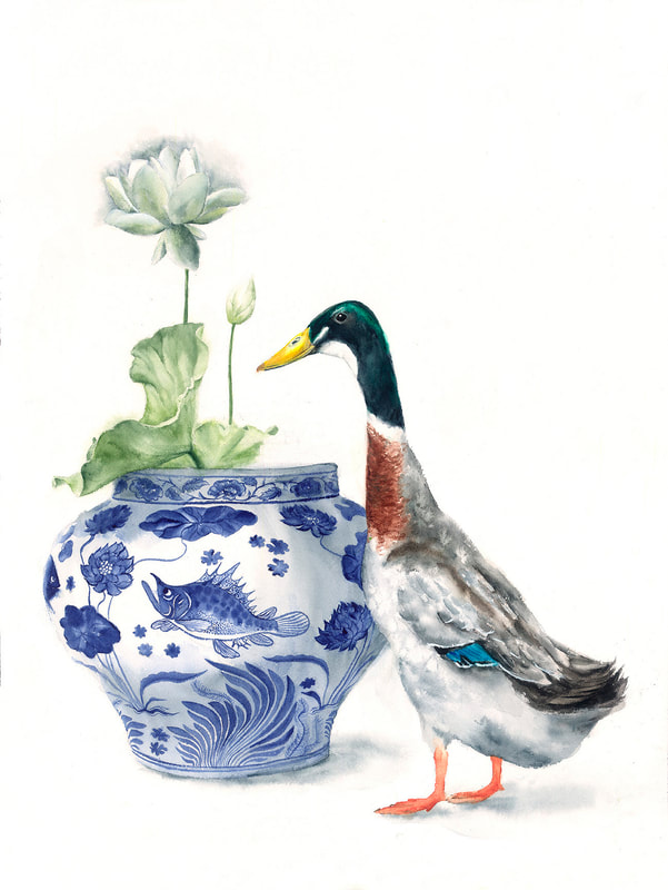 Runner_duck, lotus, ginger_jar, watercolour, watercolour, krsmith_artist, still_life